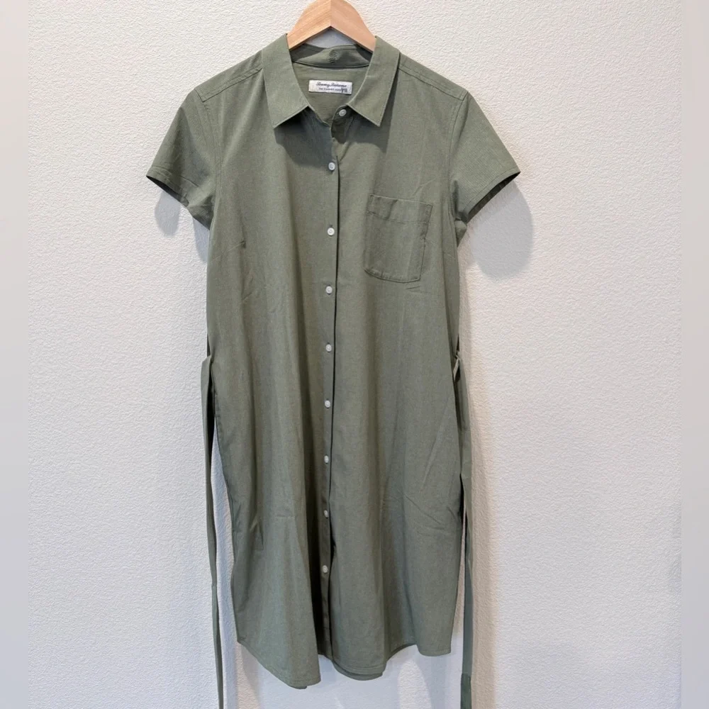 Tommy Bahama IslandZone Shirt Dress Olive Green Belted Resort Coastal Travel L - Picture 2 of 12
